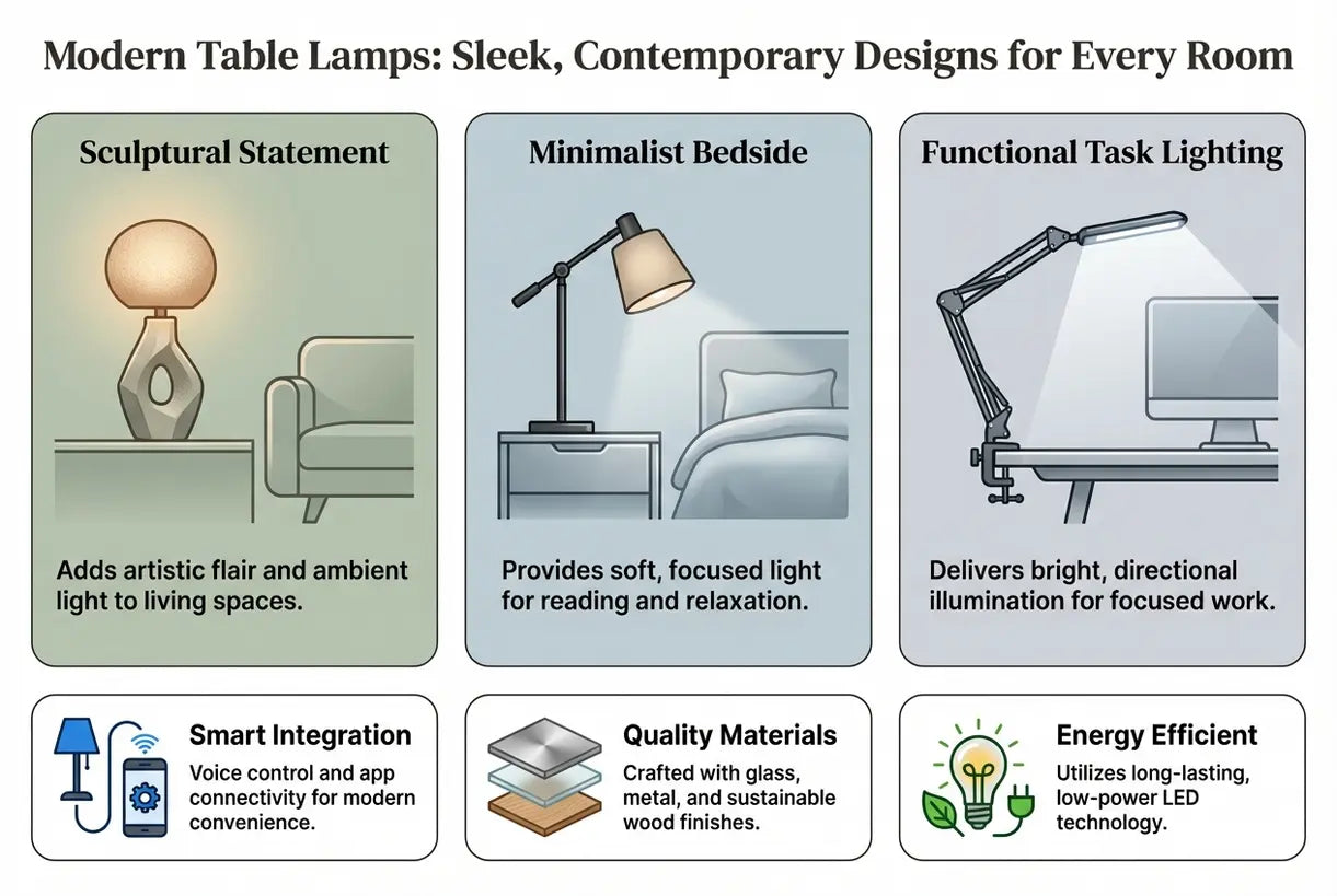Moderne tafellampen: strakke, hedendaagse ontwerpen voor elke kamer - infographic