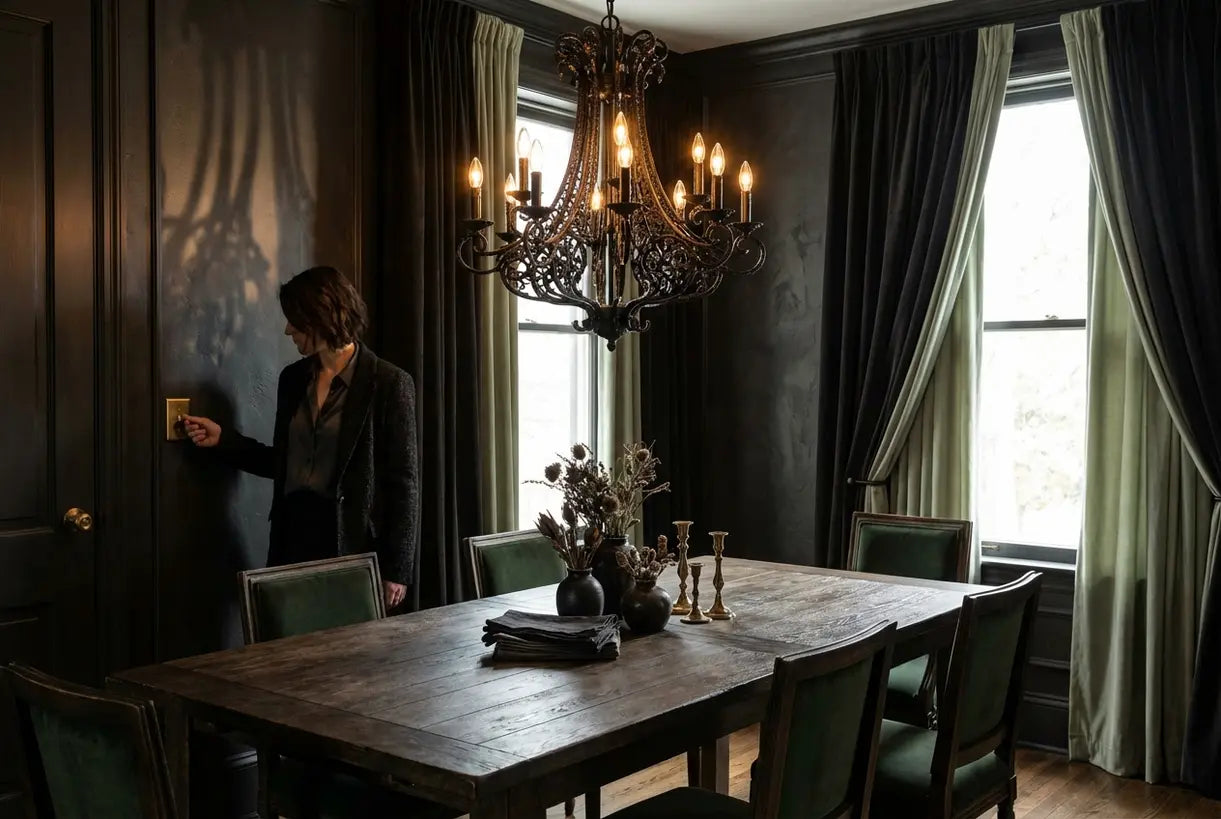 Stemmige eetkamer met gotische kroonluchter die dramatisch sfeerlicht werpt vanuit donker metalen armatuur