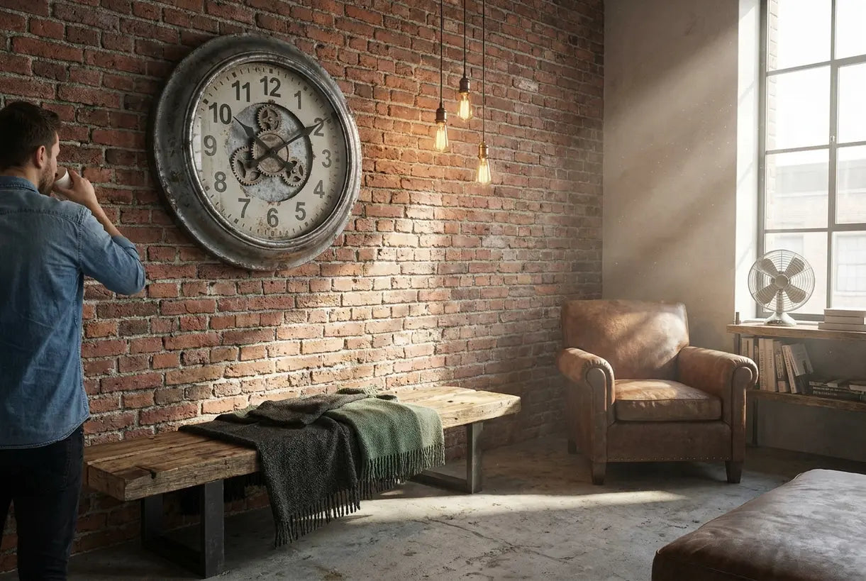 Industrial wall clock displayed in loft interior with brick walls and factory lighting