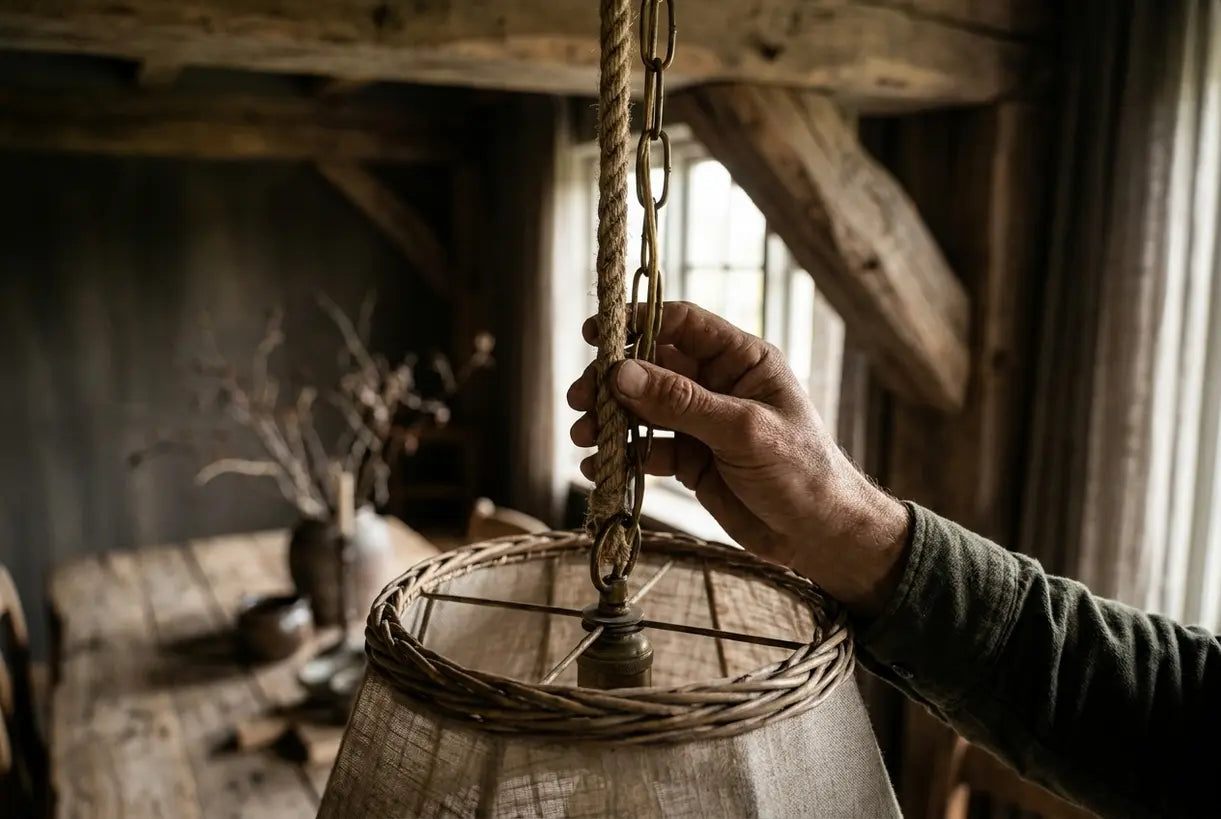Close-up of hands adjusting rustic pendant light with natural wood and aged metal textures