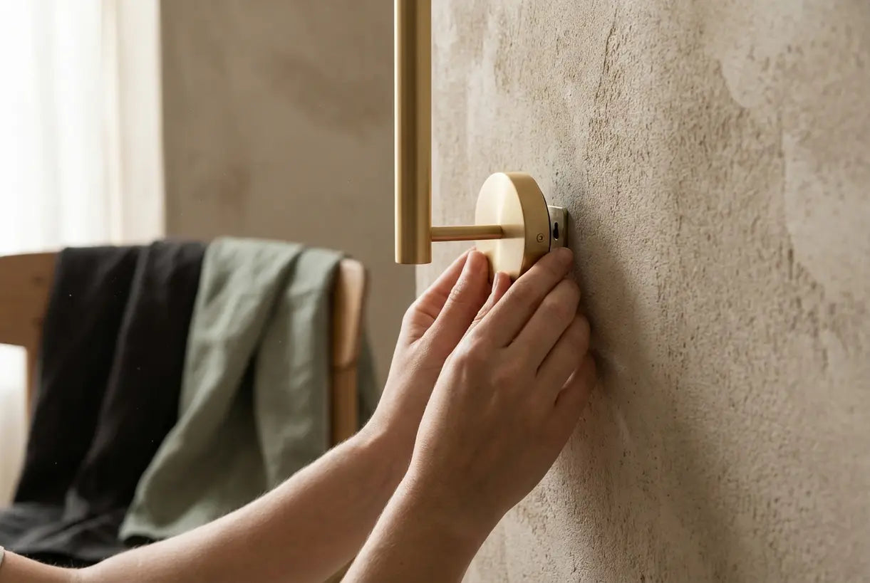 Hands installing rechargeable wall sconce with magnetic mounting