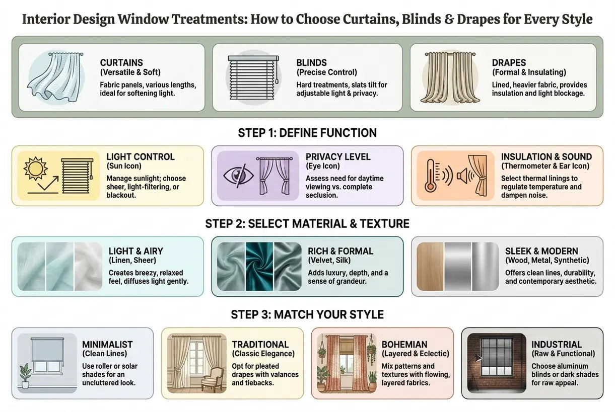 Interior Design Window Treatments: How to Choose Curtains, Blinds & Drapes for Every Style - infographic