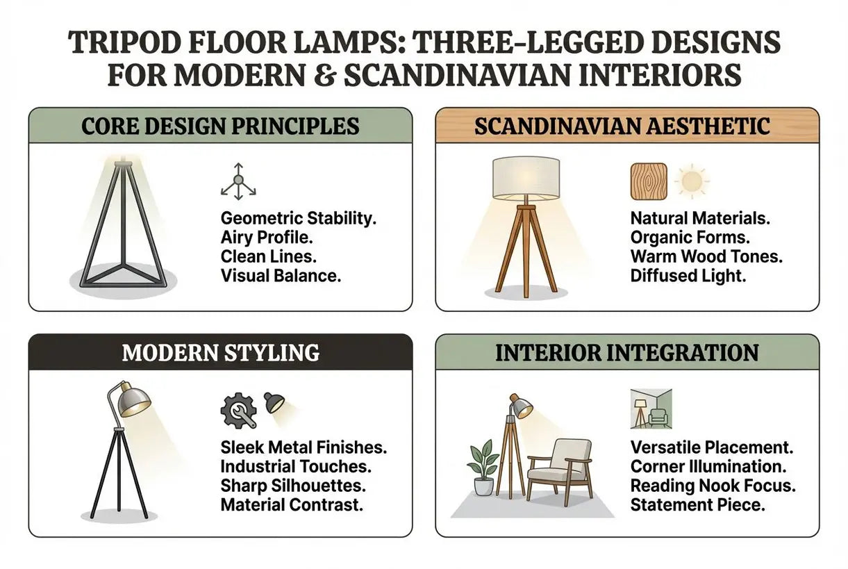 Tripod Vloerlampen: Driepotige ontwerpen voor moderne & Scandinavische interieurs - infographic