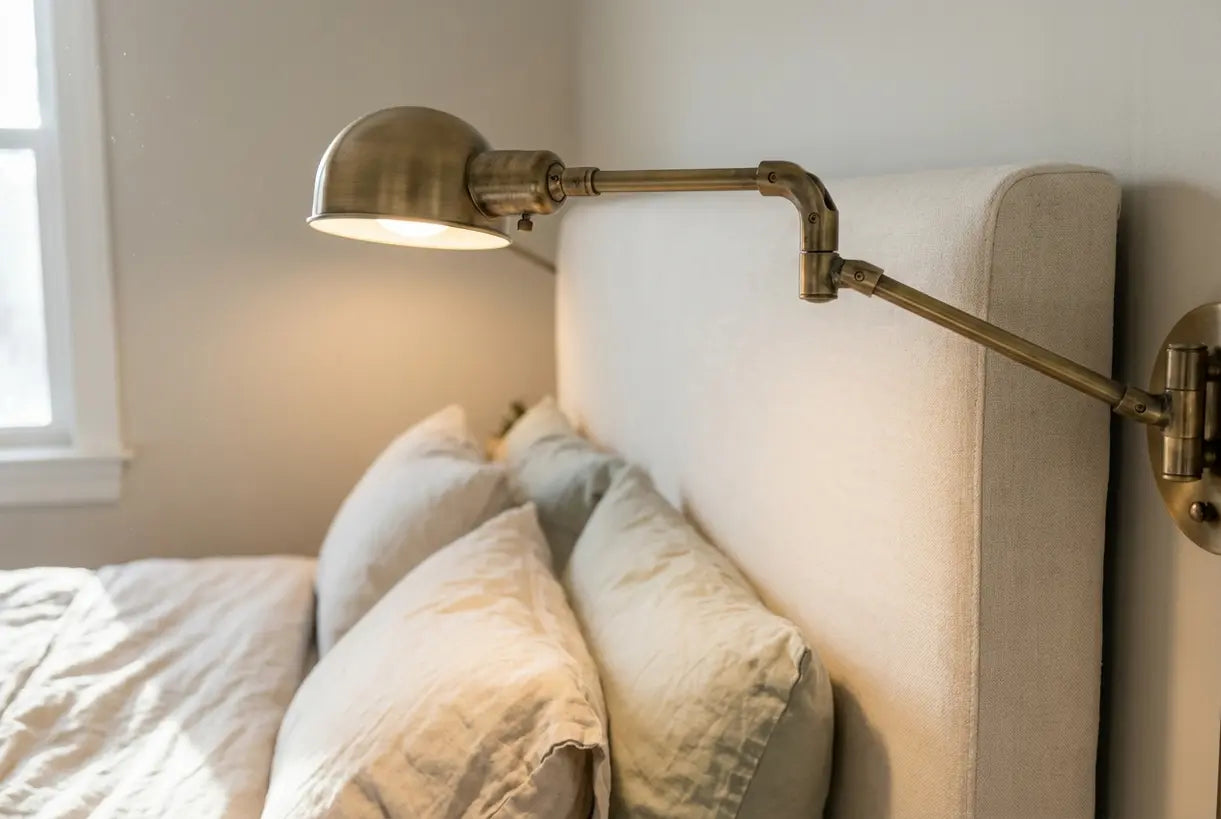 Verstelbare messing wandlamp met zwenkarm, met focus op het scharnier, voor lezen in bed