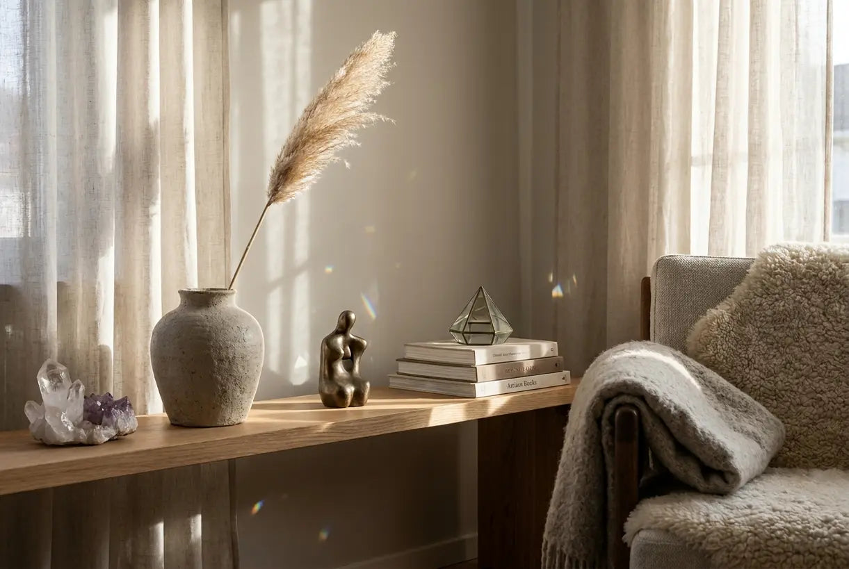 Scandinavian interior with curated decorative home accessories on shelf
