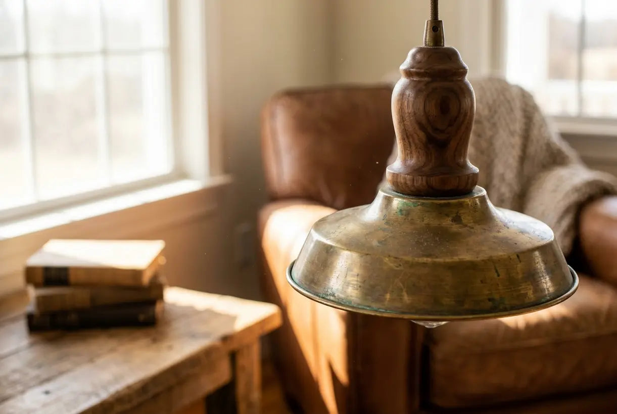 Farmhouse living room pendant light with natural walnut wood and aged brass textures