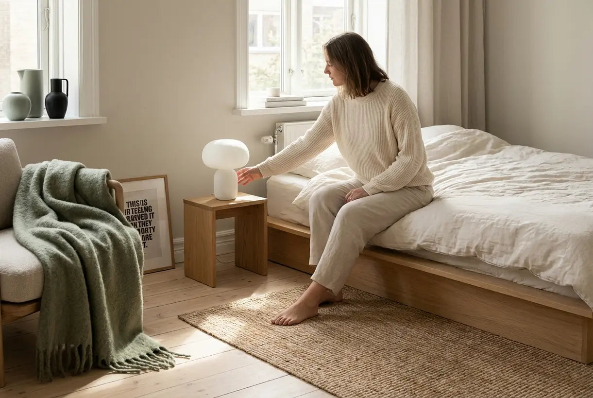 Scandinavian bedroom design with woman reaching sculptural bedside lamp on natural wood nightstand in minimal calm space