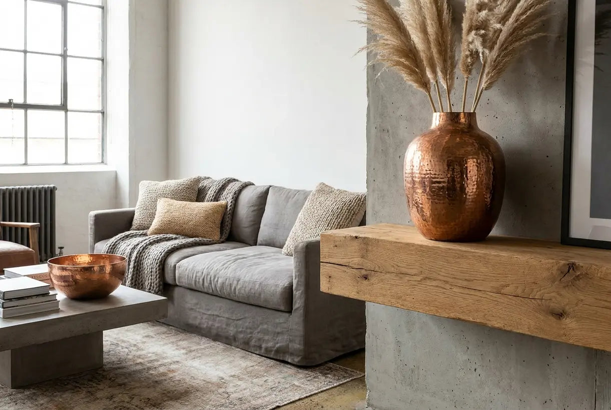 Modernes Industrial-Interieur mit Kupfer-Blumenvase auf einem Eichenregal