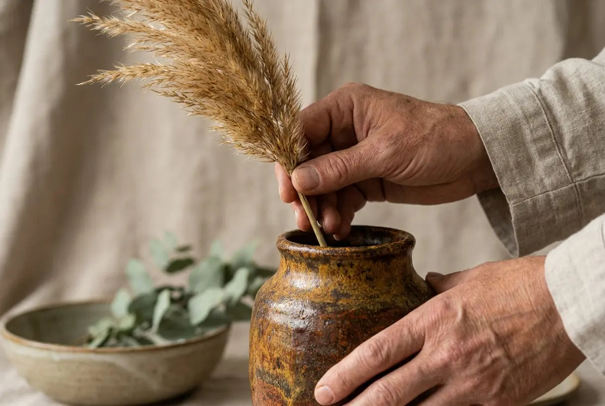 Textured brown ceramic vase with dried pampas stem, earthy neutral home decor styling