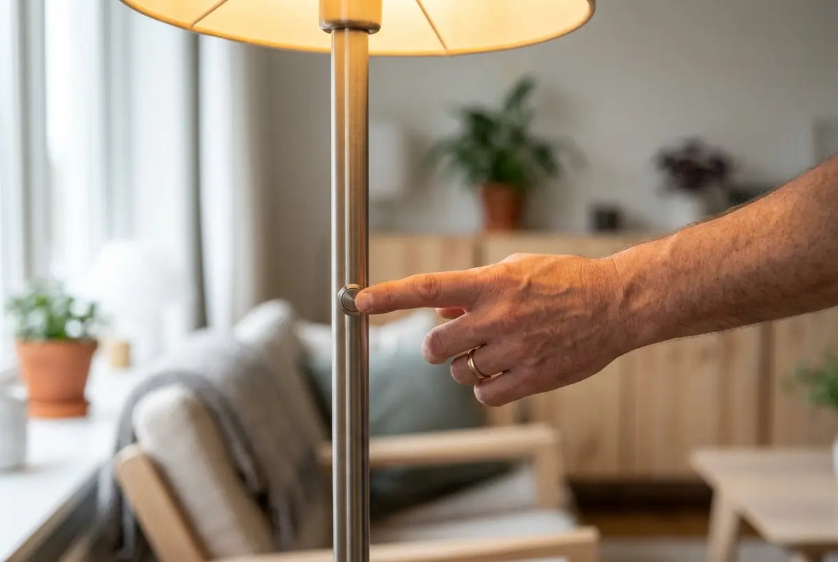 Person bedient den Touch-Dimmer einer aufladbaren Stehlampe im skandinavischen Wohnzimmer