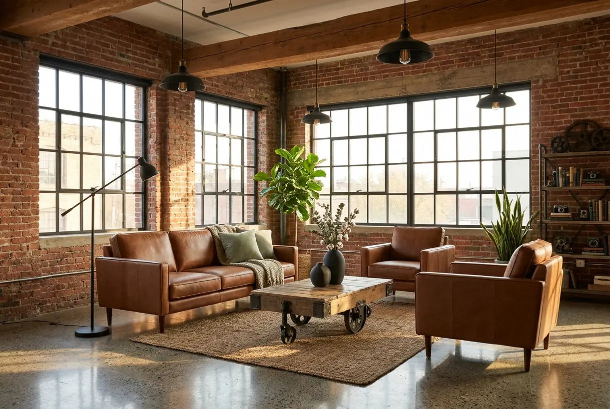 Industrial loft living room with exposed brick, concrete floors, and factory-inspired lighting