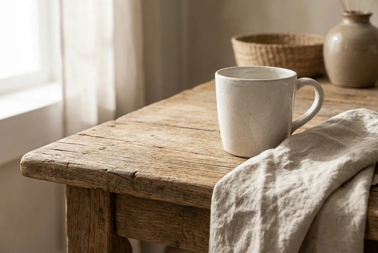 Natural wood grain and ceramic textures representing Scandinavian design materials