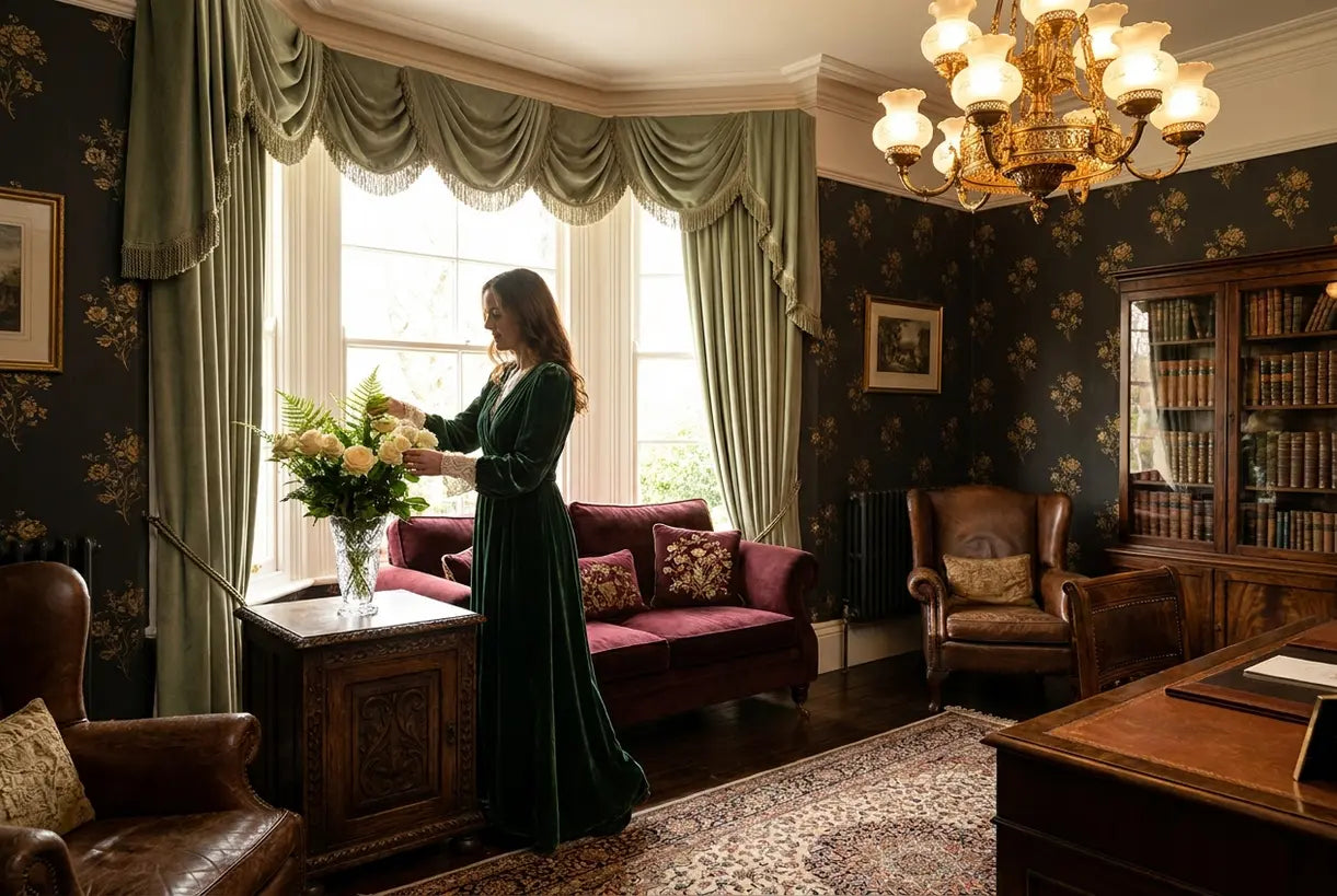 Victorian home decor living room with ornate chandelier and antique-inspired styling