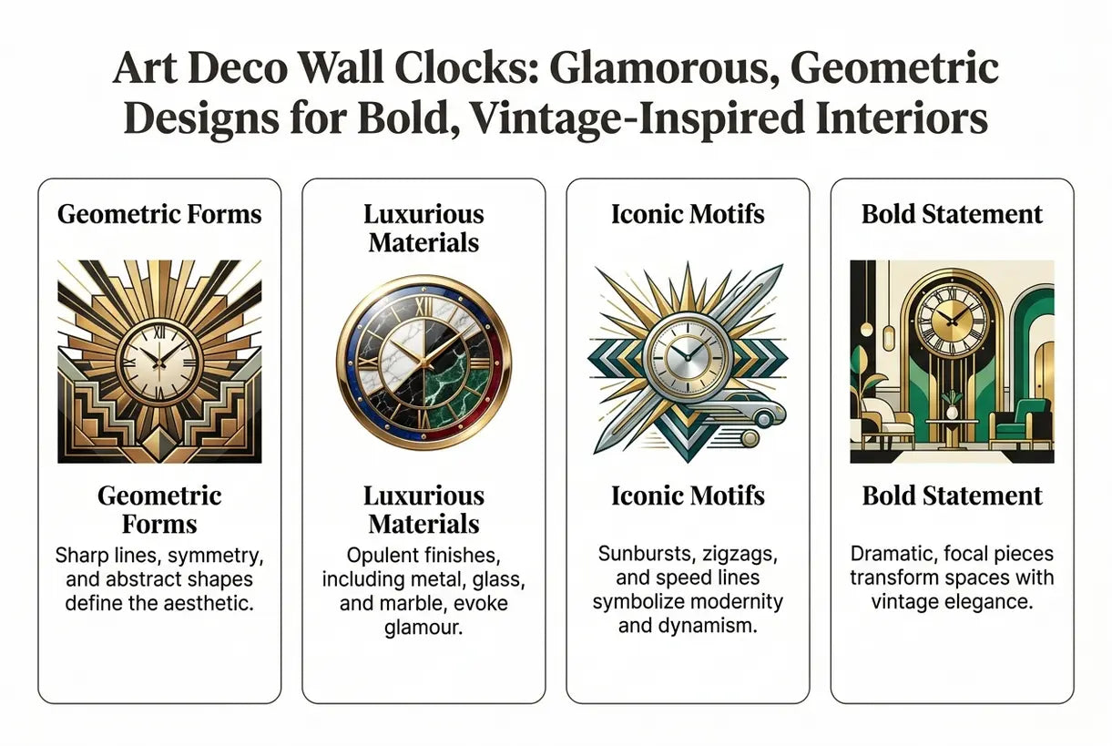 Art Deco Wanduhren: Glamouröse, geometrische Designs für kühne, Vintage-inspirierte Interieurs - Infografik