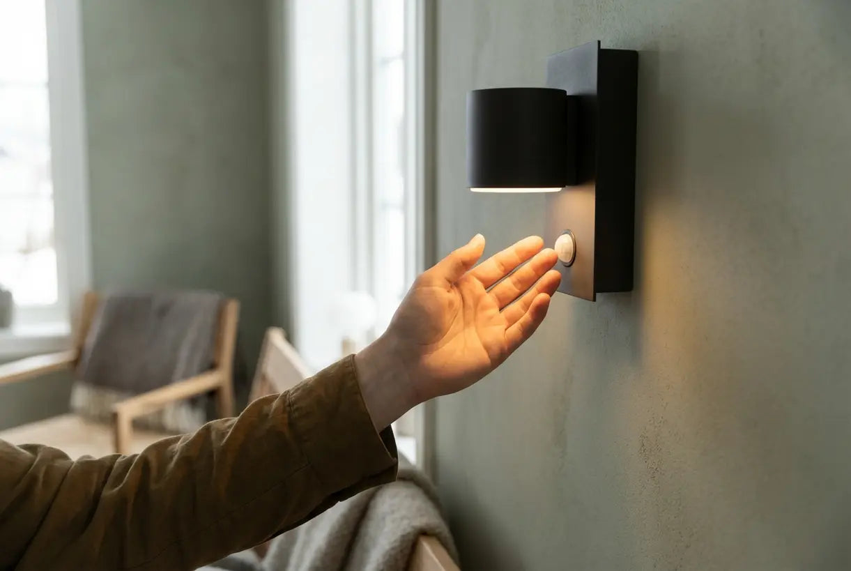 Wandlamp met bewegingssensor die LED-licht activeert wanneer de hand de sensor nadert