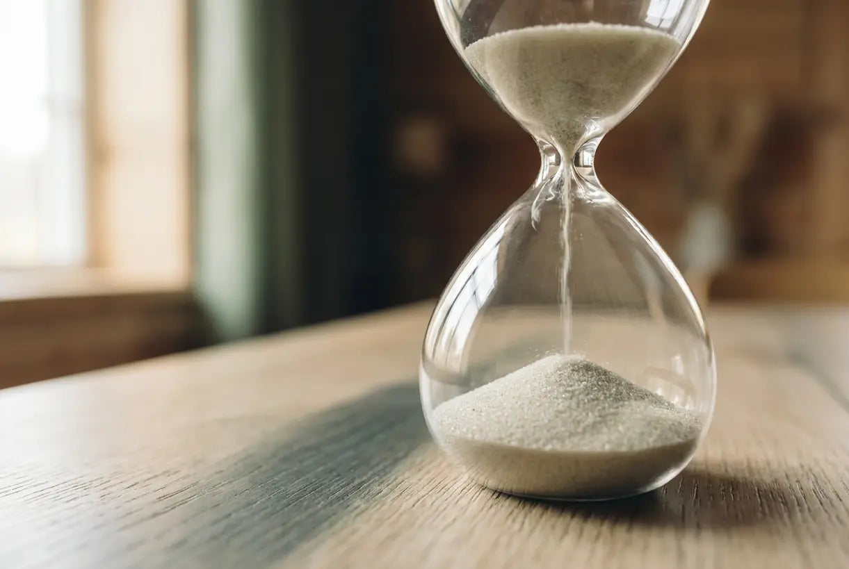 Decorative sand clock hourglass close-up with flowing sand grains in soft natural light