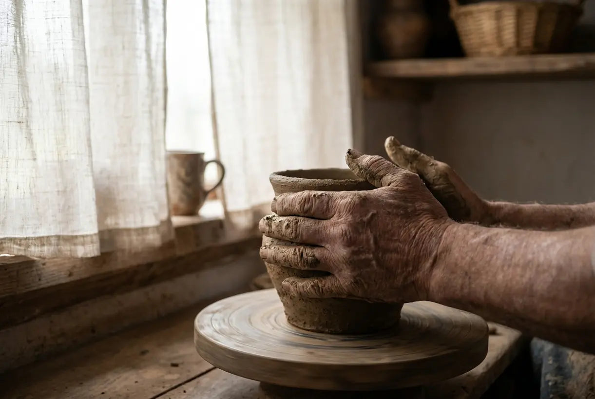 Hands crafting ceramic pottery in Japandi style workshop with natural lighting