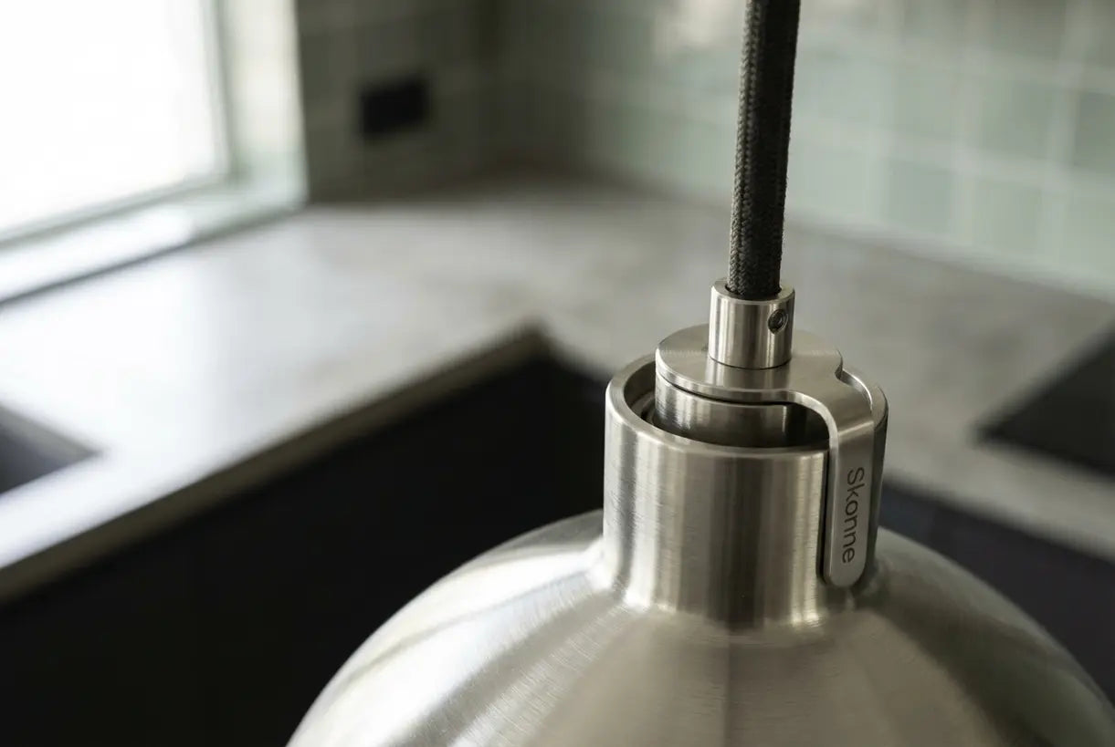 Close-up van geborsteld roestvrijstalen hanglamp hardware die materiaaltextuur en vakmanschap toont