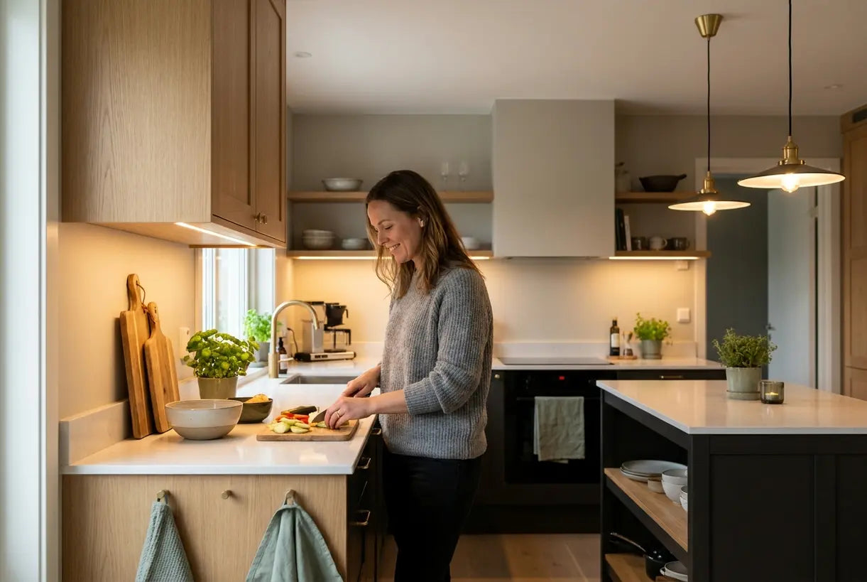 Modern kitchen with under cabinet lighting illuminating countertop workspace
