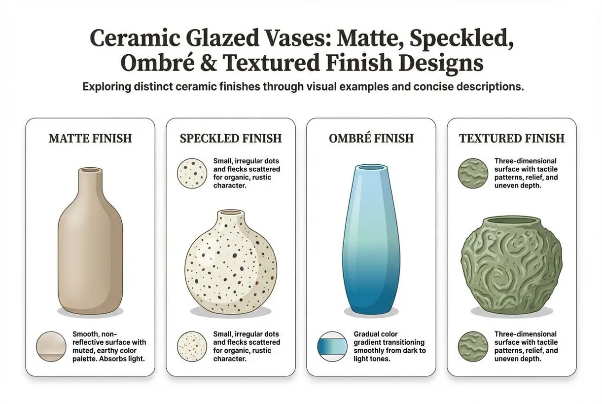 Ceramic Glazed Vases: Matte, Speckled, Ombré & Textured Finish Designs - infographic
