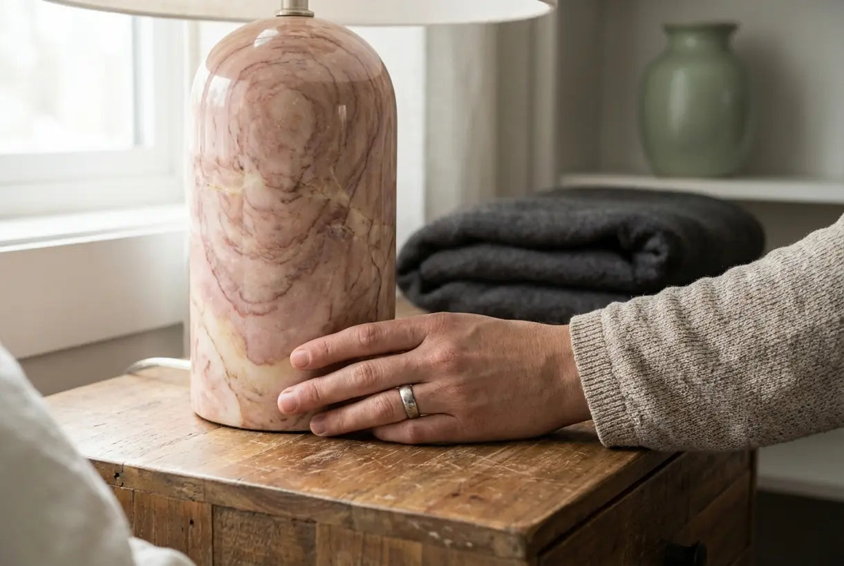 Hand raakt roze marmeren tafellampvoet met natuurlijke steenaders aan
