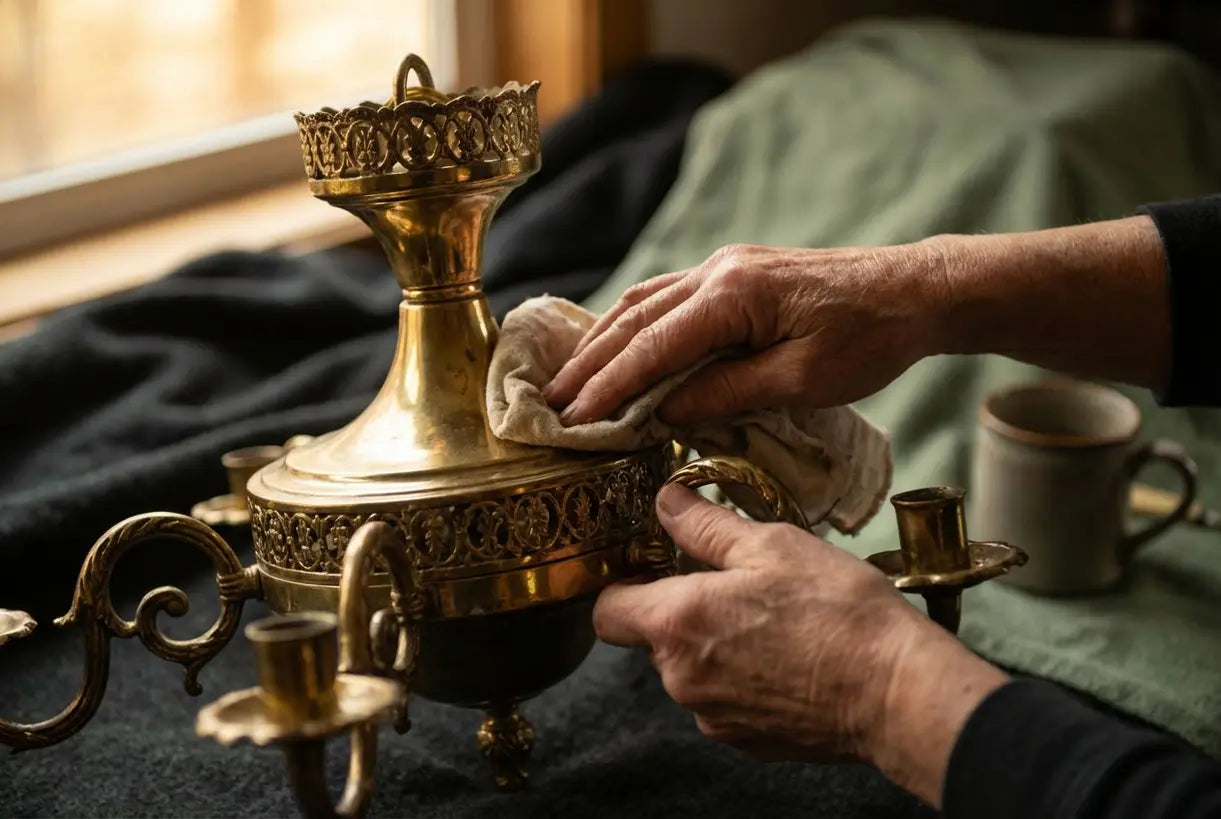 Close-up van handen die een vintage messing plafondlamp polijsten met warme gouden reflecties