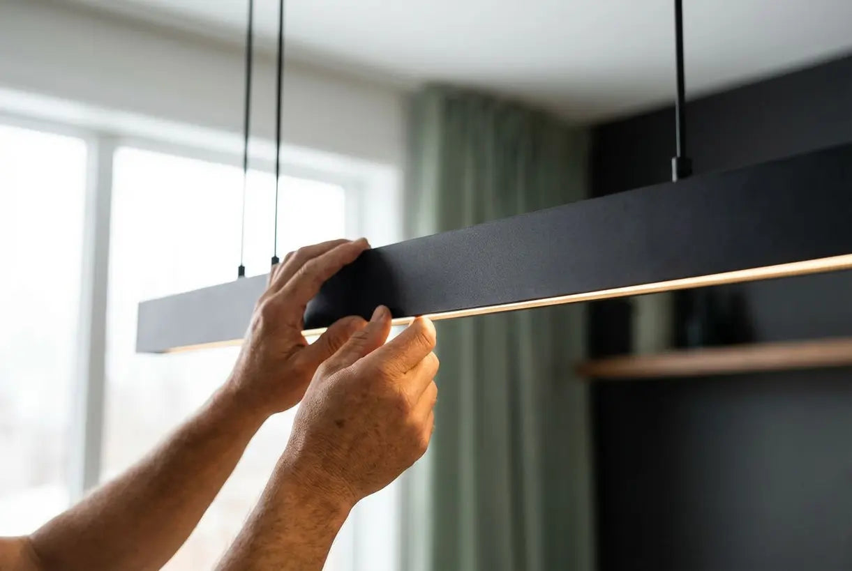 Handen die een lineaire plafondlamp in een modern minimalistisch interieur aanpassen