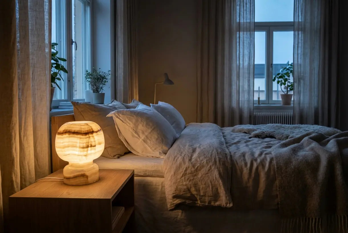 Onyx-Steintischlampe leuchtet warm in einem minimalistischen skandinavischen Schlafzimmer und schafft gemütliches Umgebungslicht
