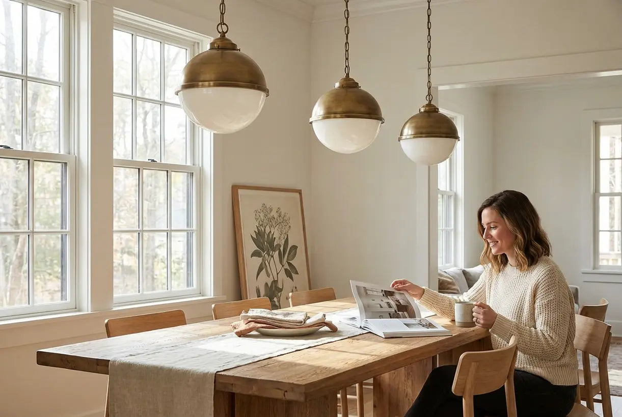 Schoolhouse pendellampen cluster boven eettafel in vintage-geïnspireerde Scandinavische kamer