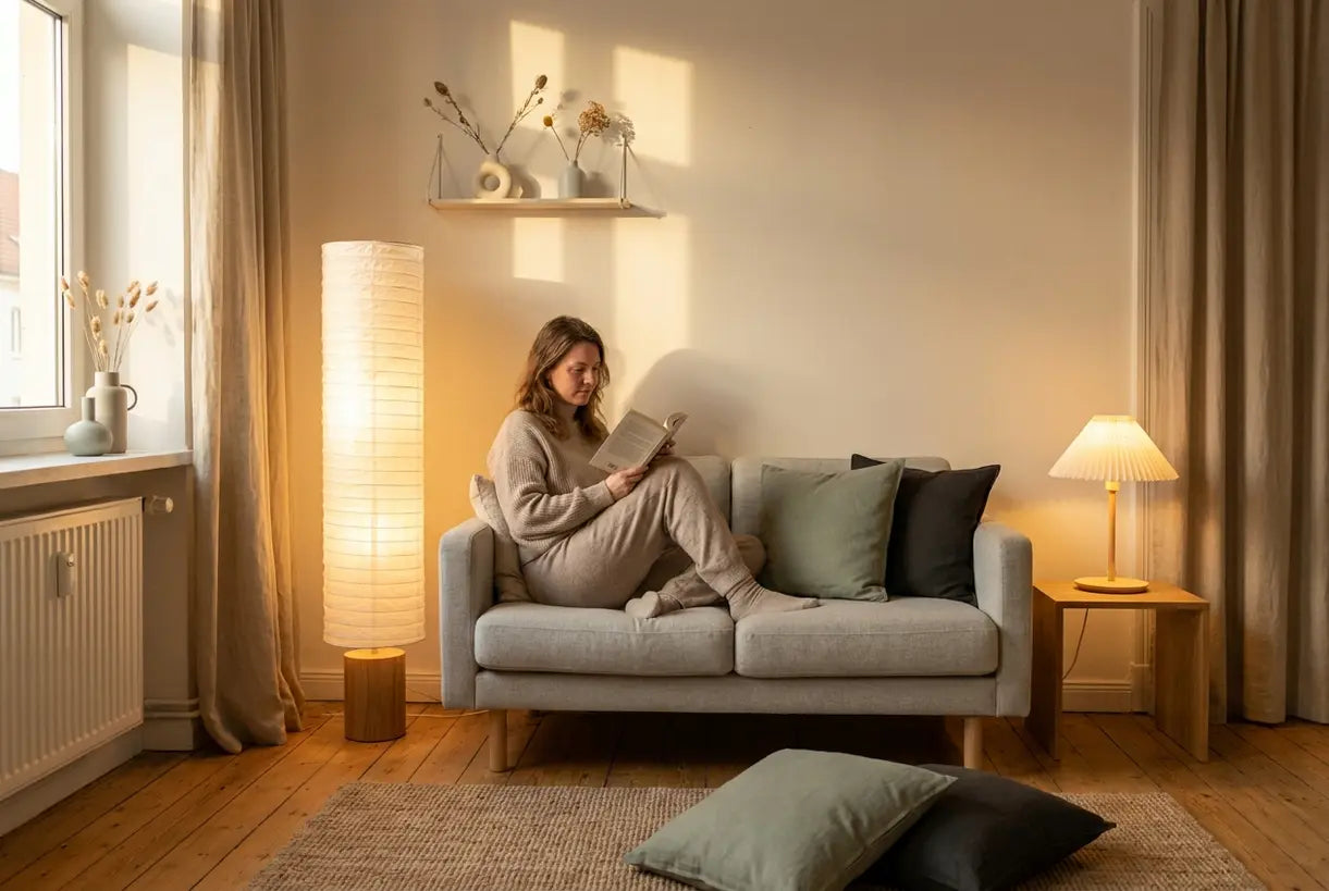 Small living room lighting setup with rice paper floor lamp and Scandinavian decor in cozy apartment