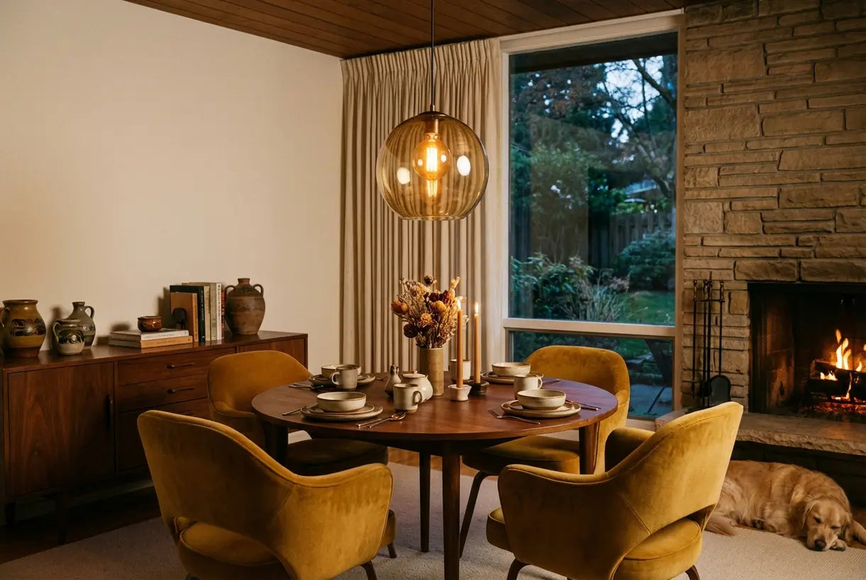 Glass globe pendant light over dining table
