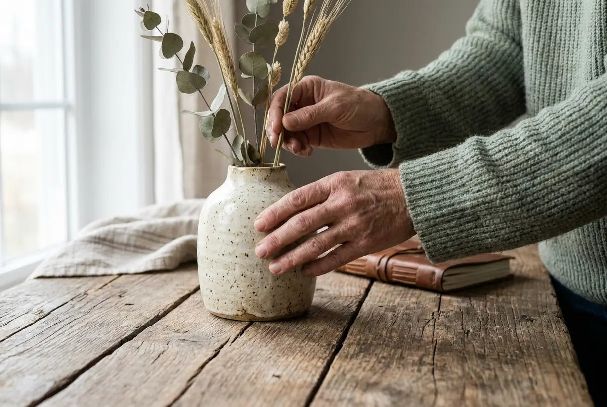 Natural elements interior design - hands arranging dried botanicals in handmade ceramic vase on wooden table