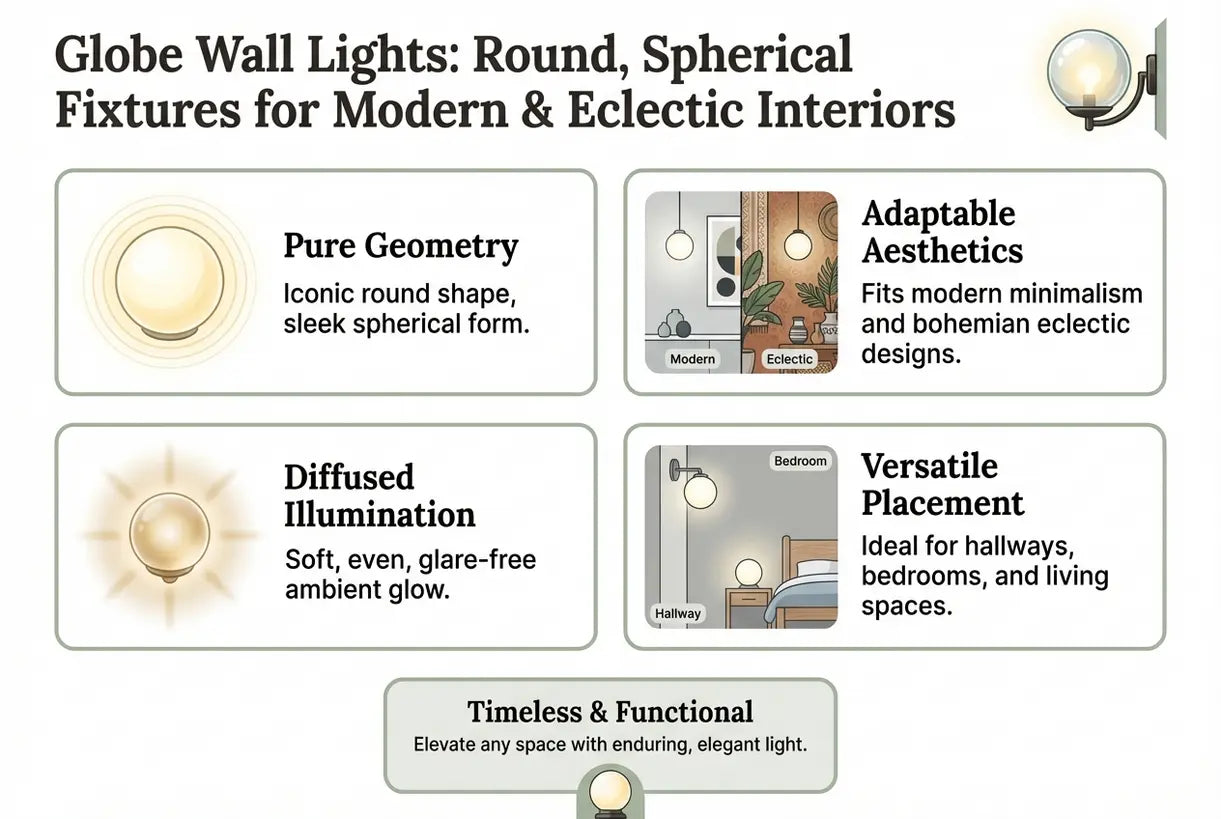 Bolvormige wandlampen: ronde armaturen voor moderne en eclectische interieurs - infographic