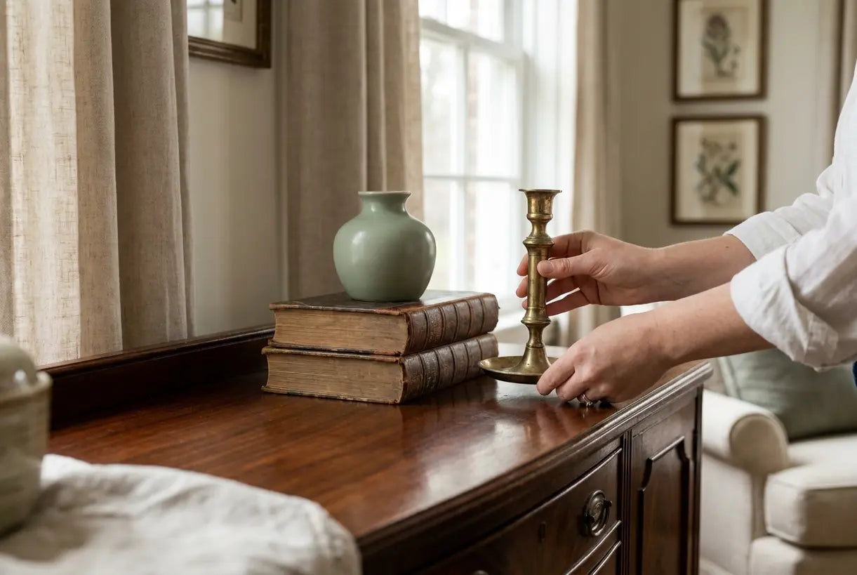 Colonial home interior design details - brass candlesticks and wood accessories arranged on heritage-style furniture