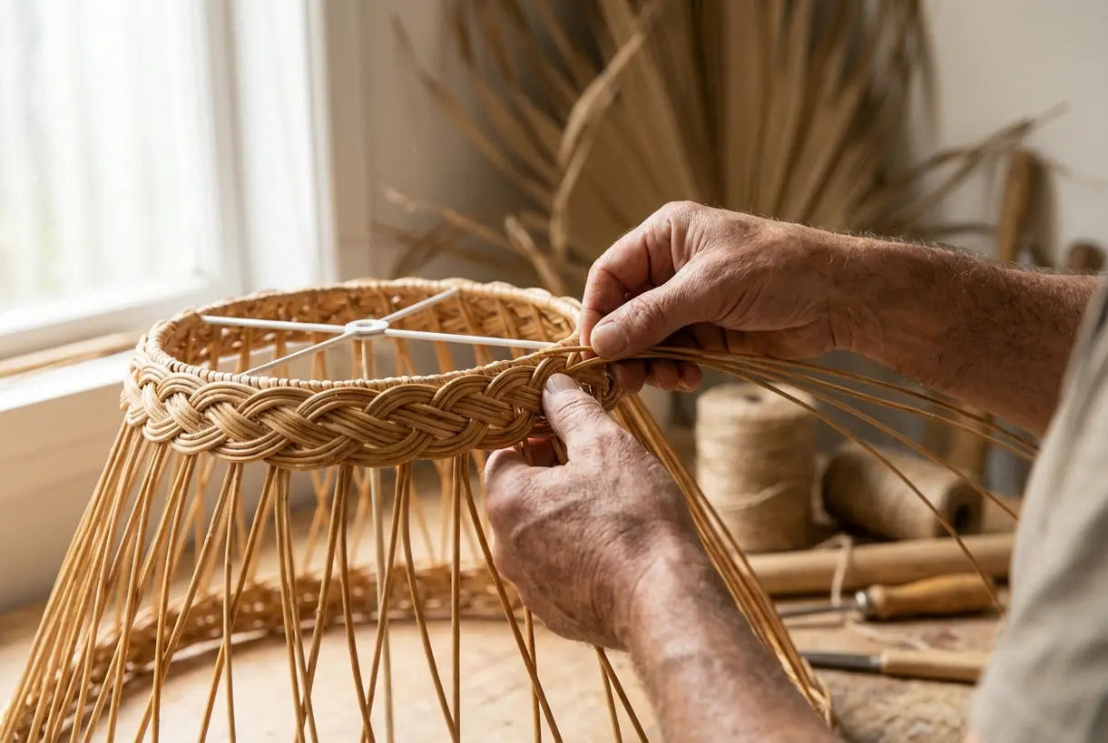 Ambachtelijke handen weven natuurlijke rotan tafellampenkap met organische textuur en warm sfeervol vakmanschap