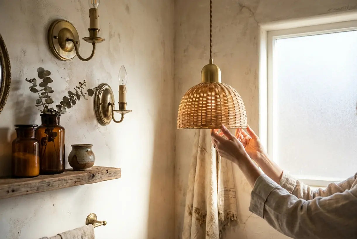 boho bathroom lighting close-up with woven rattan pendant and natural materials