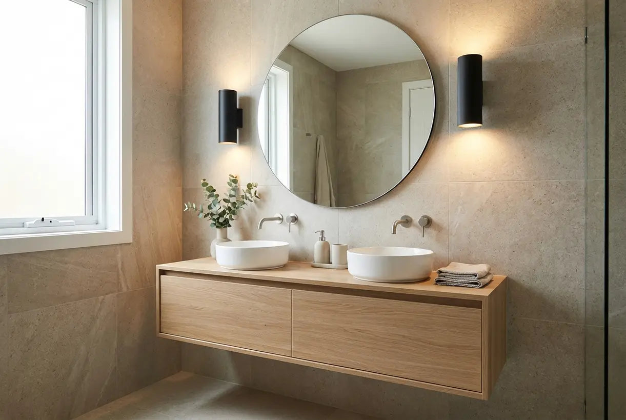 Modern bathroom vanity with black cylinder wall sconces
