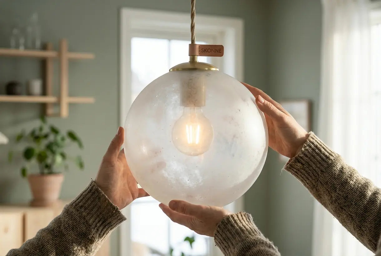 Handen die een matte glazen bolvormige plafondlamp aanpassen met warm omgevingslicht