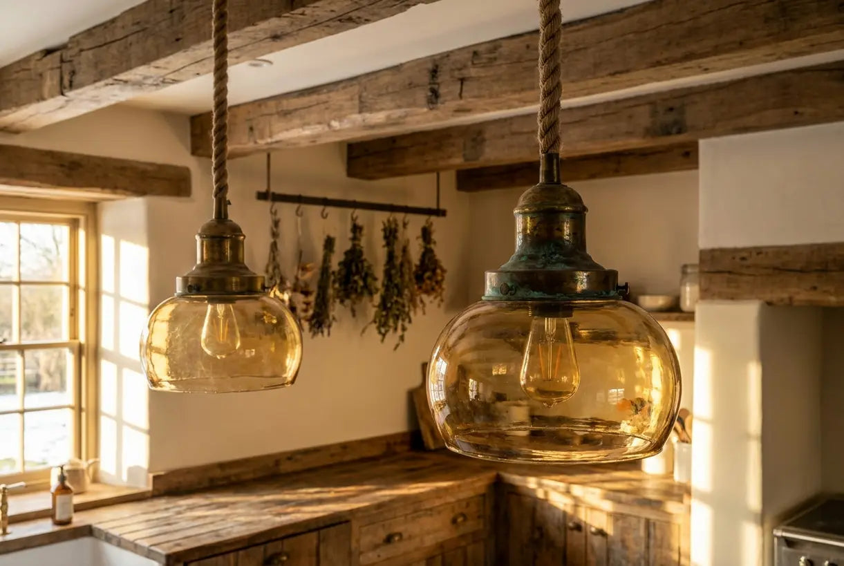 Rustic farmhouse pendant light with amber glass globe hanging from wooden ceiling beams