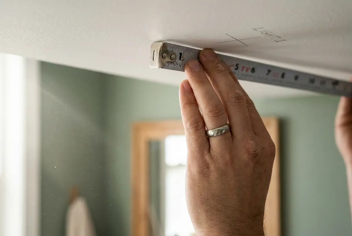 Hand holding measuring tape marking recessed lighting placement on bathroom ceiling