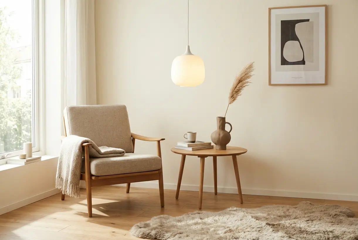 Bright Scandinavian living room corner with natural materials and warm pendant lighting