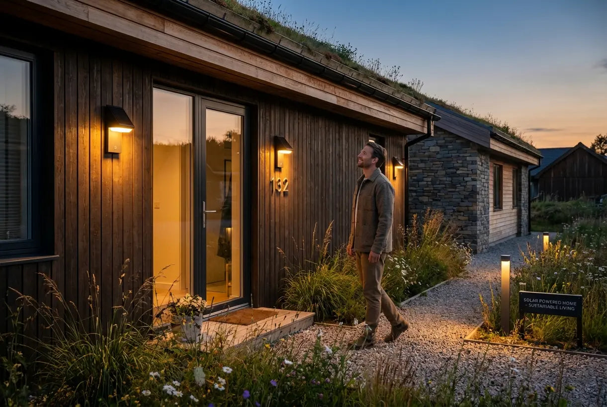 Scandinavische huisexterieur met solar wandlampen die de ingang bij schemering verlichten