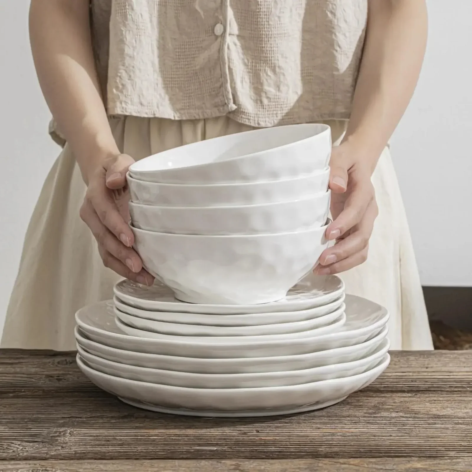 Chip-Resistant White Porcelain 12-Piece Dinner Set, Dinnerware Sets, Solvik