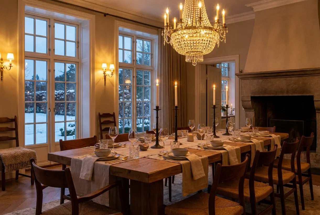 Traditional dining room with crystal chandelier and layered ambient lighting