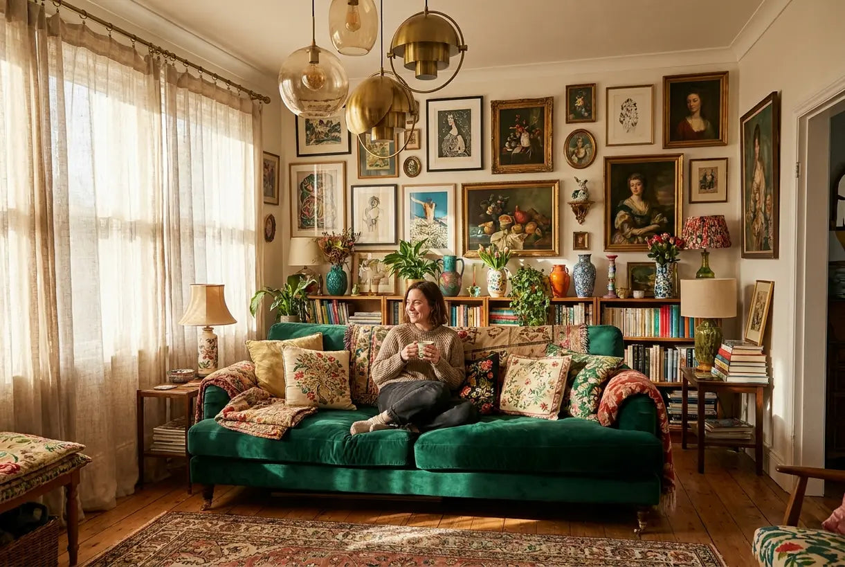 Maximalist home decor living room with layered patterns and bold colors