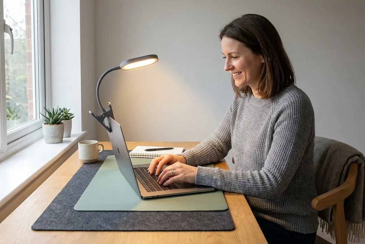 Moderne laptopwerkplek met draagbare LED-bureaulamp die warme taakverlichting biedt