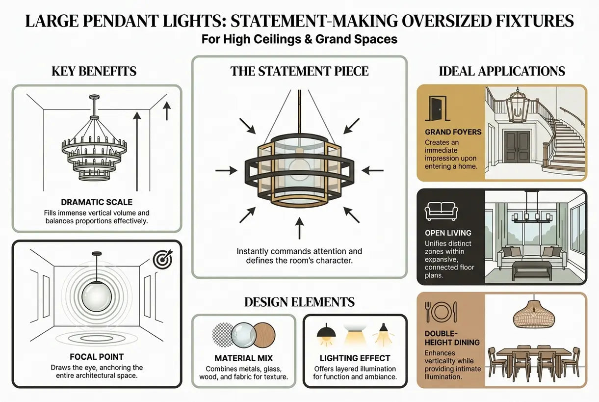 Large Pendant Lights: Statement-Making Oversized Fixtures for High Ceilings & Grand Spaces - infographic