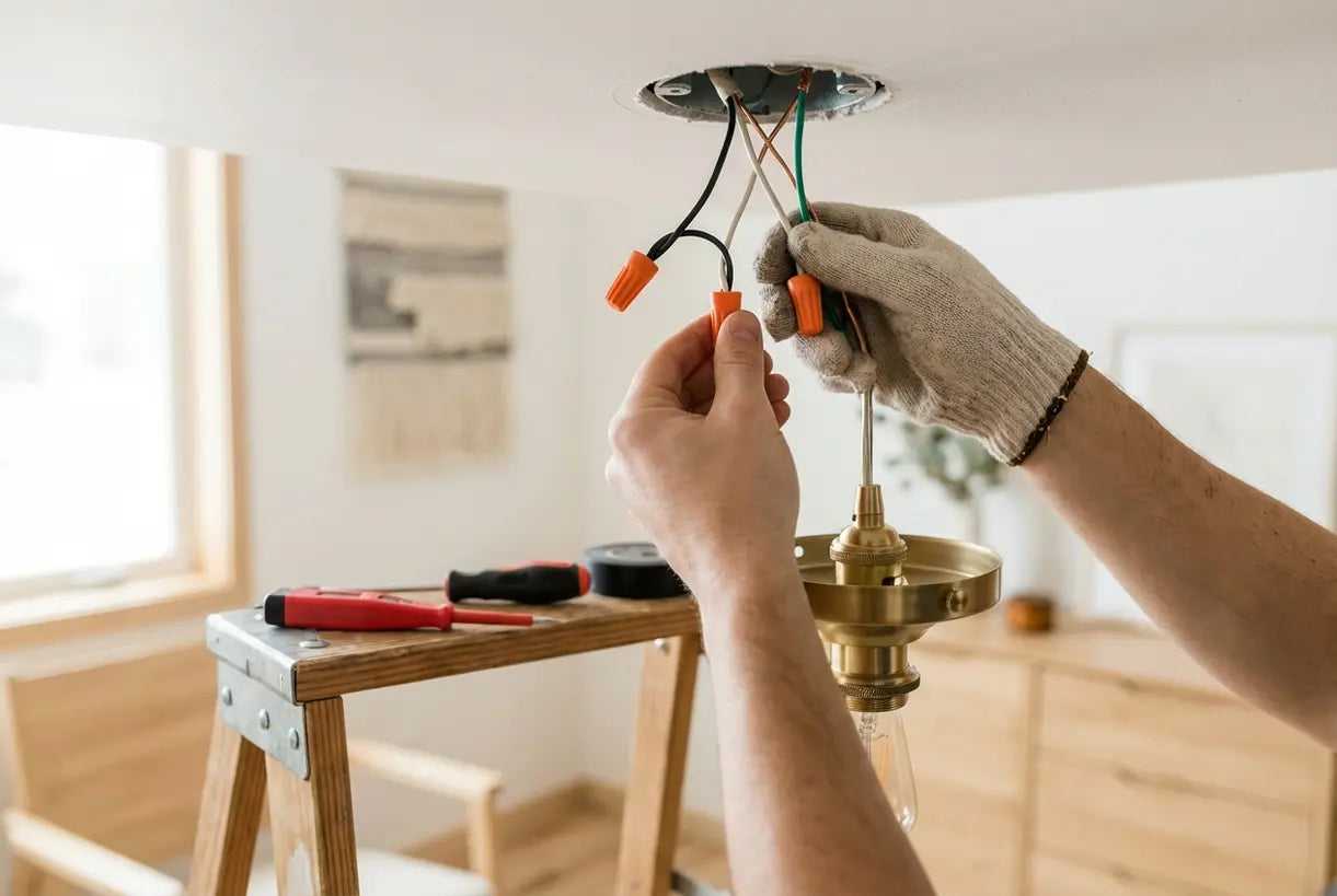 Handen verbinden draden met lasdoppen bij het aansluiten van een plafondlamp