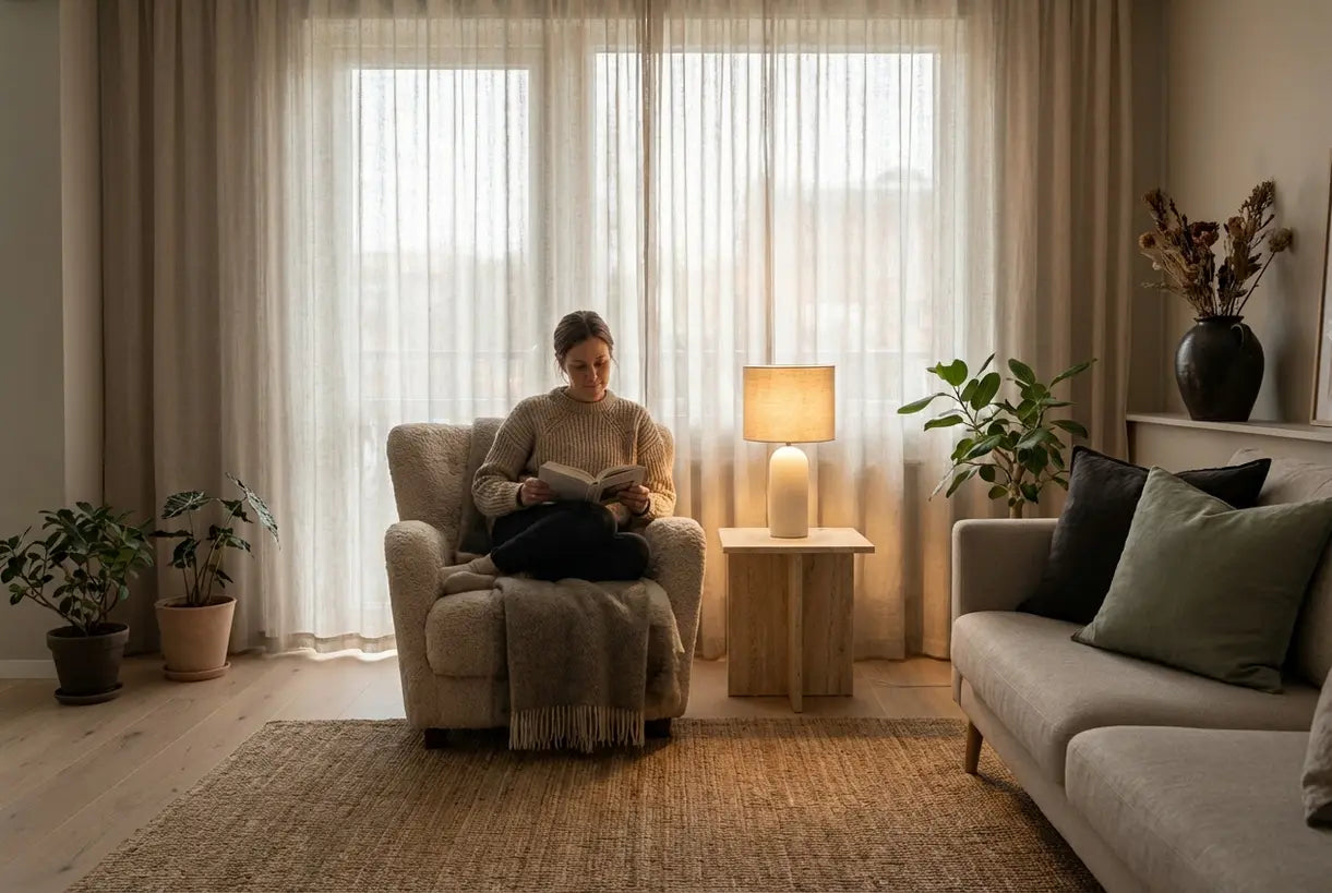 Snoerloze tafellamp in Scandinavische woonkamer die draadloze sfeerverlichting biedt