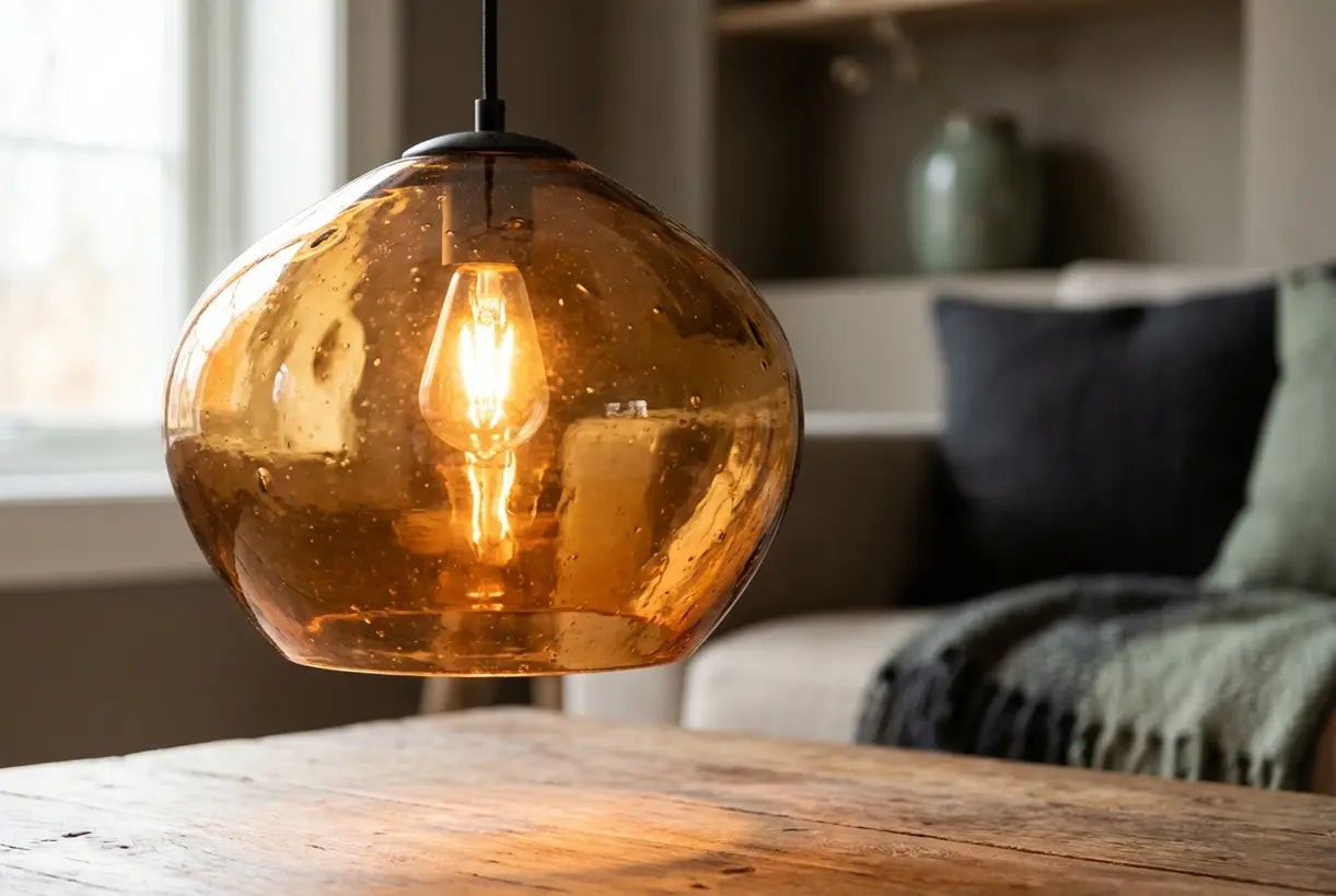 Close-up van amberoranje hanglamp die warme glastexuur en gloeiend interieur toont